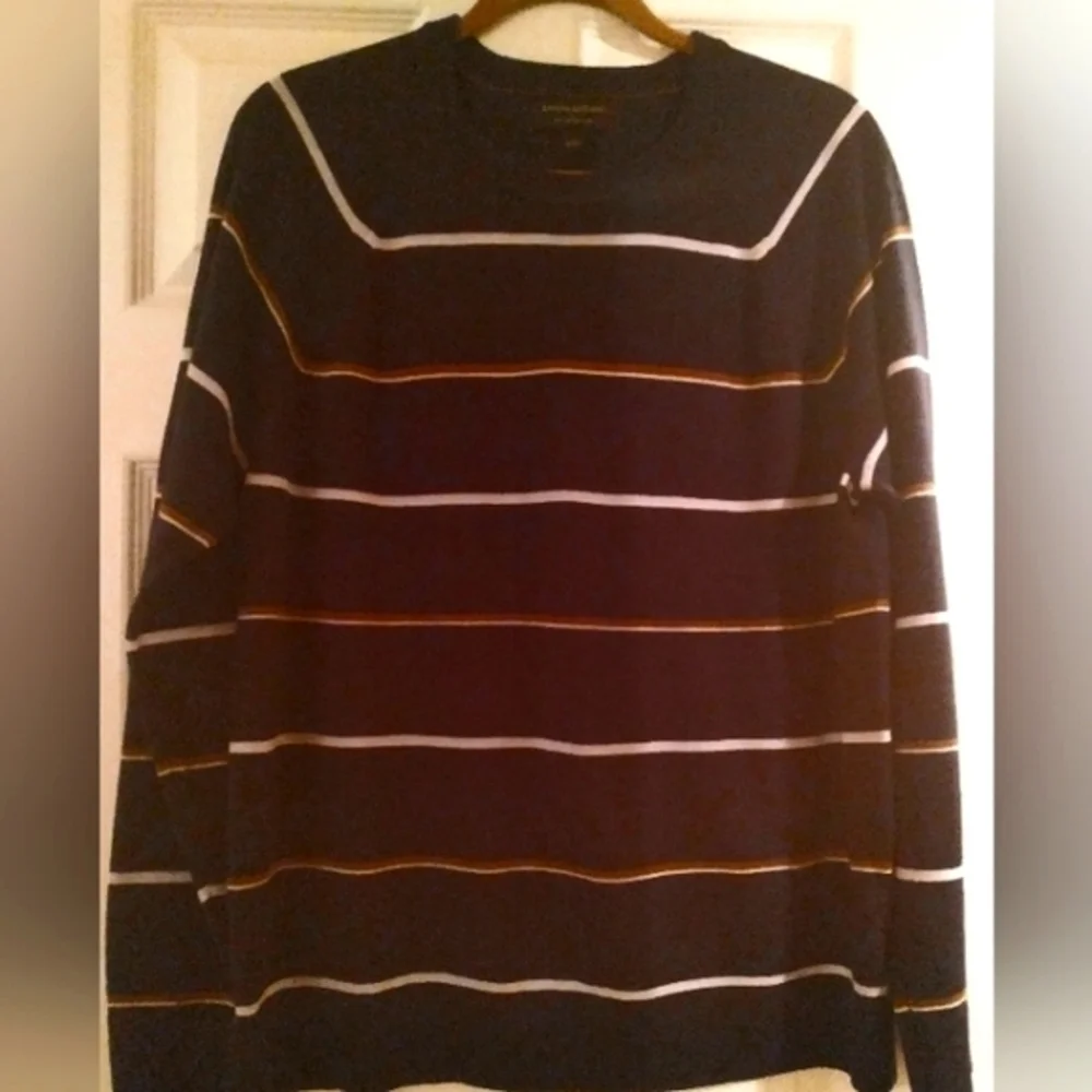 Banana Republic Striped Merino Wool Preppy Navy Blue Tan Academia Dark‎ Sweater